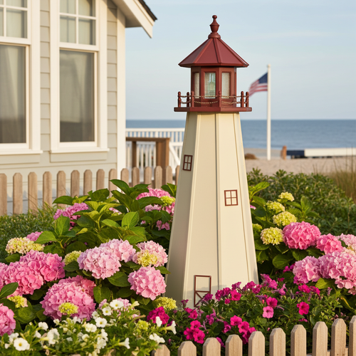Amish crafted Cape May replica wood garden lighthouse pictured in a flower bed