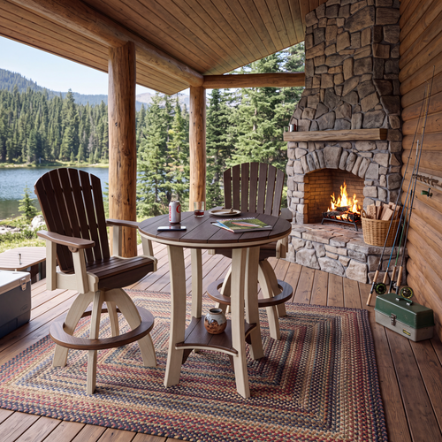 All-weather poly bar chair with swivel seat, amish crafted in birchwood and brazilian walnut. Pictured on a log lodge porch.
