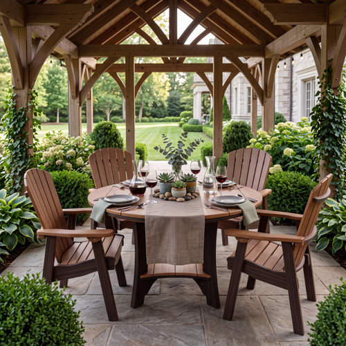 All-weather poly dining set made in mahogany and brazilian walnut, pictured in a backyard pavilion.