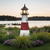 Amish crafted poly garden lighthouse, Montauk, NY model, in black, cherrywood, white, pictured in seagrass by dock.