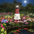 Amish crafted poly garden lighthouse, Barnegat Replica, in black, cherrywood, white, pictured in flower bed by koi pond.