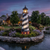 Amish crafted garden lighthouse pictured in flowerbed of waterfront home.
