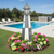 Amish crafted Cape Henry style premium poly garden lighthouse pictured in gray and white, pool in background