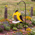 Gold finch style bird feeder on shepherds hook in flower garden