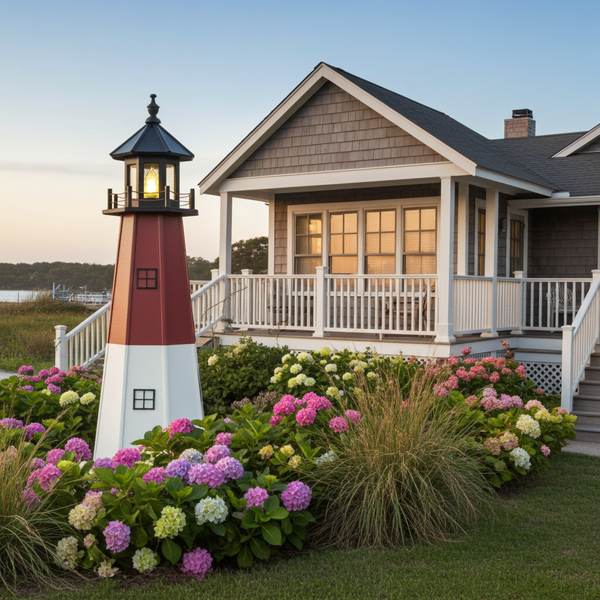 Amish crafted poly garden lighthouse, Barnegat Replica, in black, cherrywood, white, pictured in flower bed by beach house.