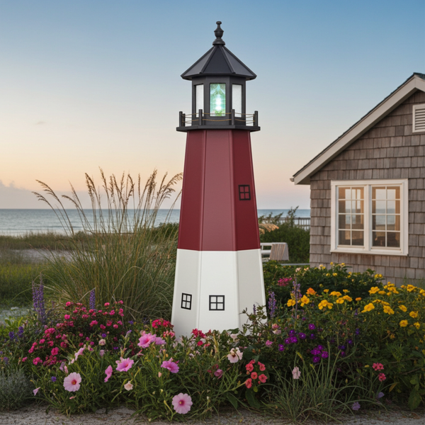 Amish crafted poly garden lighthouse, Barnegat Replica, in black, cherrywood, white, pictured in flower bed by beach house.