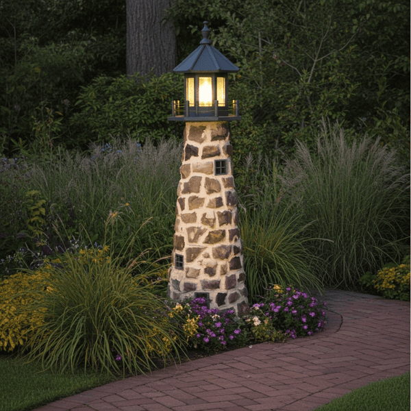 Amish crafted 5 foot stone garden lighthouse placed in rock garden alongside brick pathway.