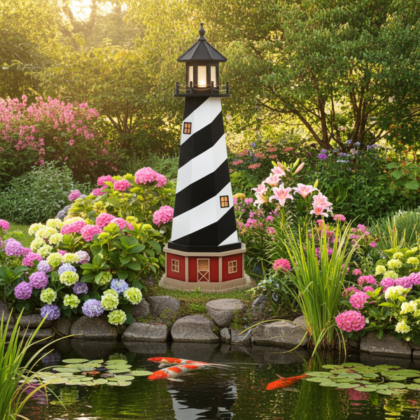 Amish made Cape Hatteras replica garden lighthouse finished in black and white with cherrywood and weatherwood base, pictured in flower bed by koi pond.