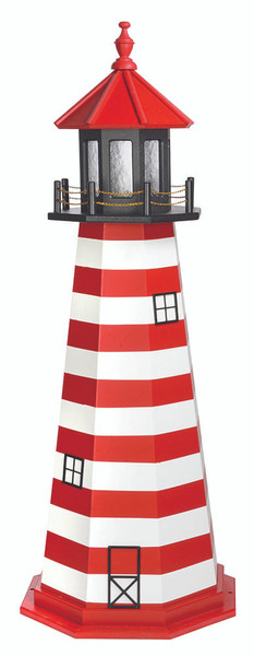 Amish made West Quoddy replica garden lighthouse, constructed from wood, finished in red, black, and white, 5 foot.