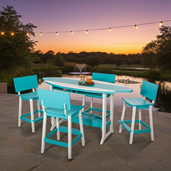 Amish crafted outdoor furniture, poly surfboard table and chairs set in aruba blue and white, overlooking water at sunset.