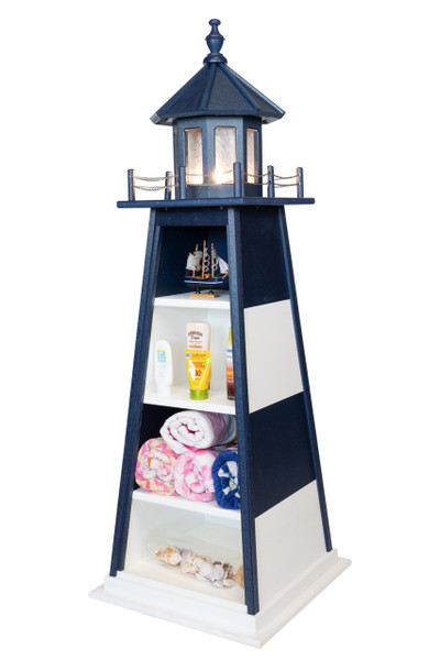 Amish handcrafted 5 foot lighthouse bookshelf in patriot blue and white - side view.