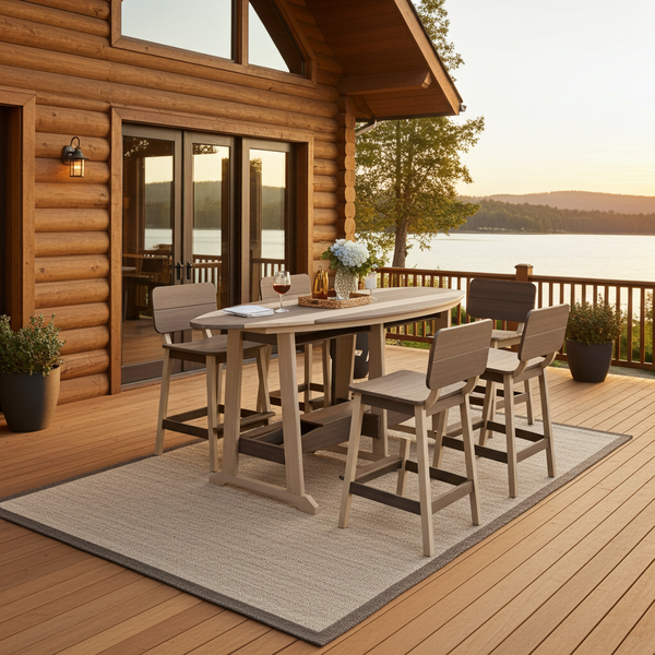 Amish crafted Surf-Aira 8 foot poly surfboard bar table and chairs set on deck at lakeside loghome