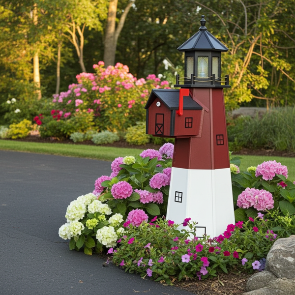 Poly lighthouse with mailbox, amish crafted, pictured in flowerbed beside road.