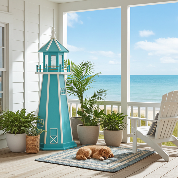 Amish made poly garden lighthouse, pictured on beach house veranda