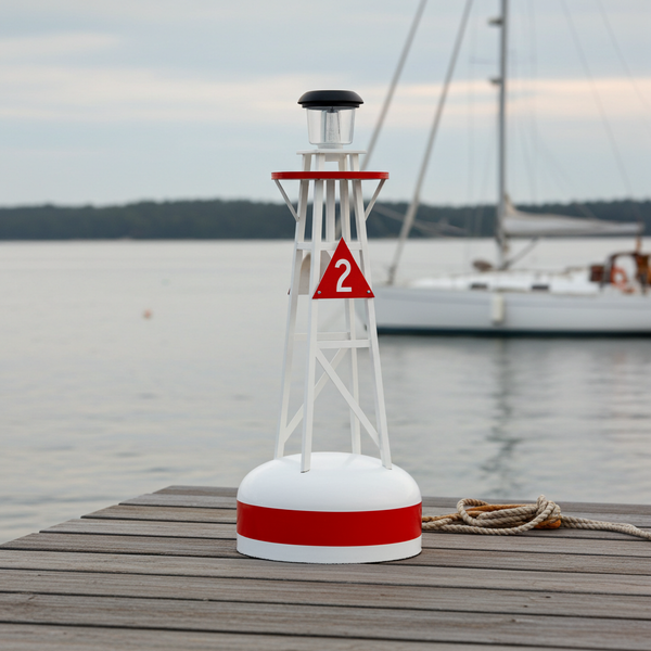 Amish crafted nautical lawn decor, ornamental buoy in white with red trim.