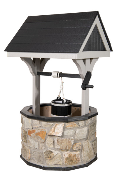 Amish handcrafted stone and poly wishing well, size large, light gray frame with black, gray stone with gray grout.