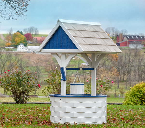 Amish handcrafted jumbo poly wishing well in white nad bright blue with cedar shake roof