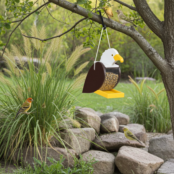 amish crafted all-weather poly bird feeder in bald eagle design, pictured in rock garden with birds.