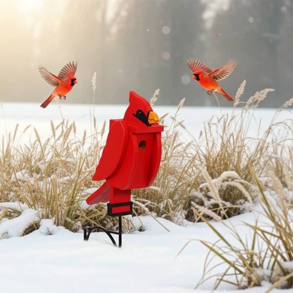 Amish made wood bird shaped birdhouse in cardinal design, pictured on post with winter snow background.