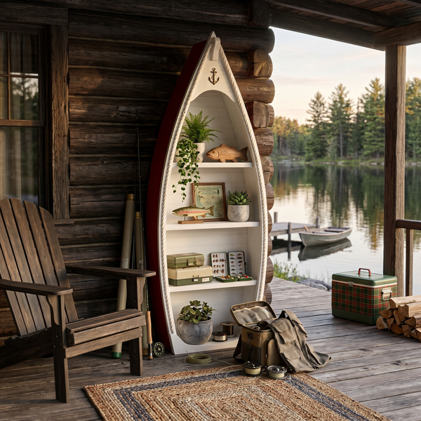 Amish crafted all-weather poly bookshelf pictured on a lakeside cabin porch.