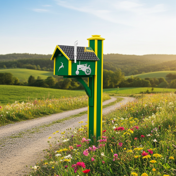 Amish made poly tractor theme mailbox in John Deere green and yellow. Pictured at end of a country driveway with wildflowers.