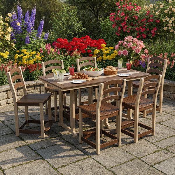 Amish crafted poly outdoor dining set, in birchwood and brazilian walnut, pictured on a patio by a flower garden.