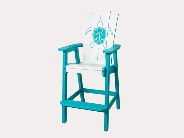 Amish crafted poly outdoor bar chair in white and aruba blue with turtle engraving.