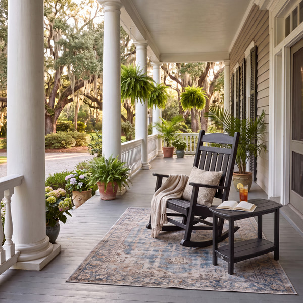 Southern home porch with all-weather side table and rocker pictured in black