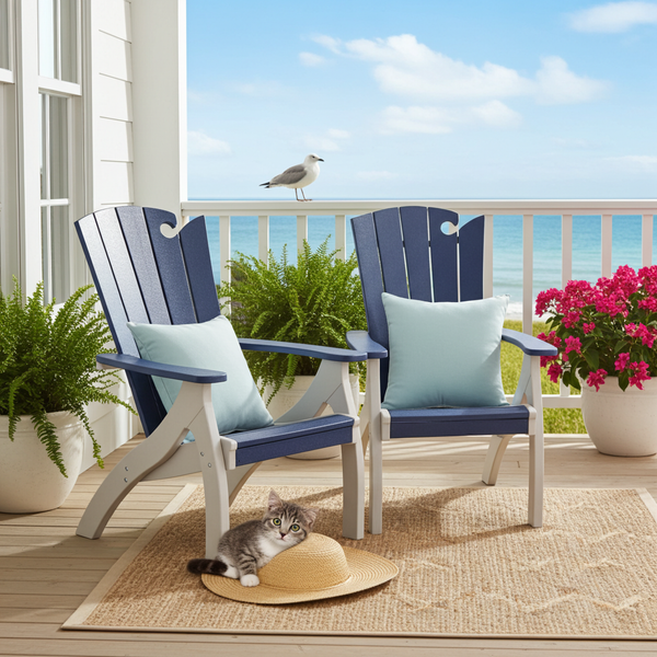 Amish made poly outdoor adirondack style siesta chair in light gray and patriot blue, pictured on coastal home veranda with kitten.