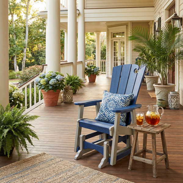 Amish crafted poly glider chair on porch of southern mansion.