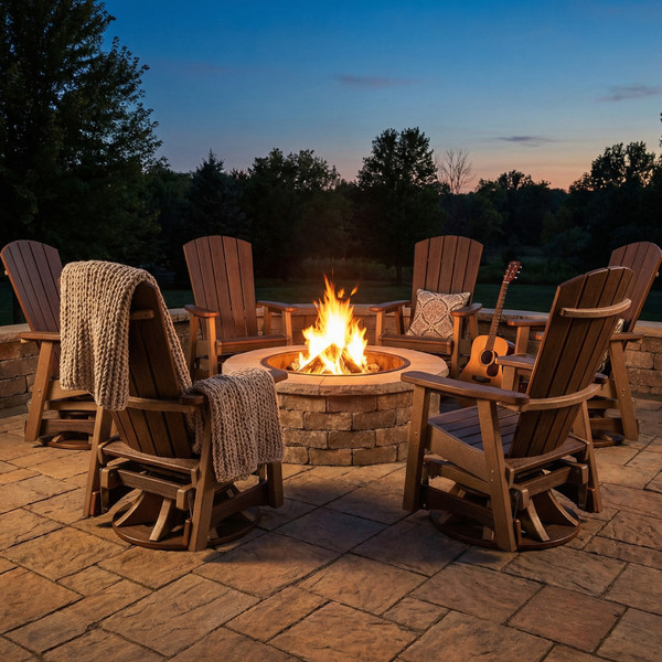 Amish crafted poly swivel glider chairs on a patio around a firepit at dusk.