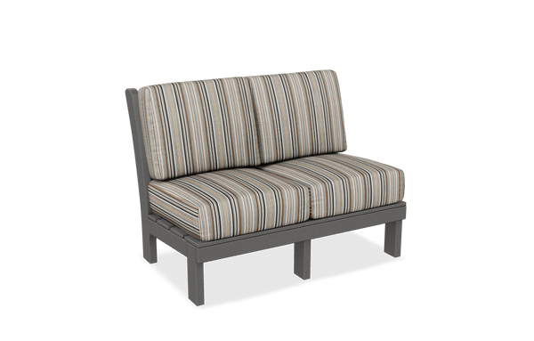Center love seat piece for poly outdoor sectional sofa, made in the USA by Finch™, pictured in dark gray and cultivate stone. Center love seat piece for poly outdoor sectional sofa, made in the USA by Finch™, pictured in dark gray and cultivate stone.