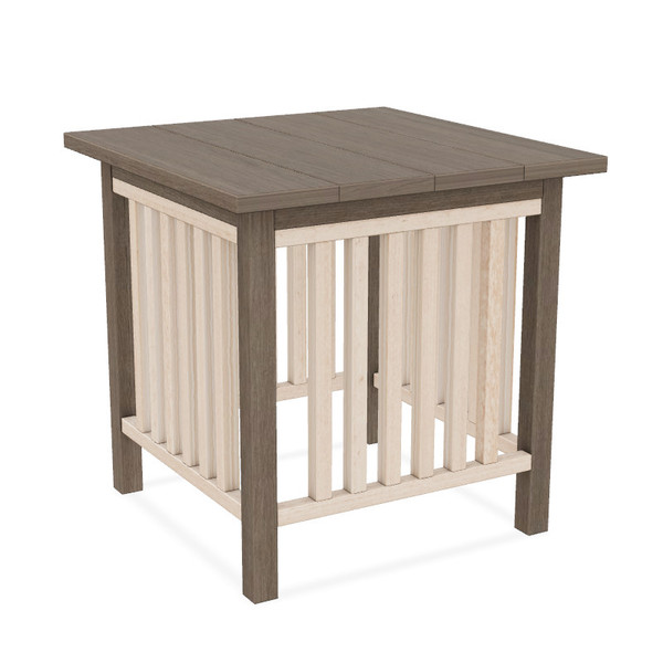 Mission style poly outdoor side table by Finch in Coastal Gray and Seashell.