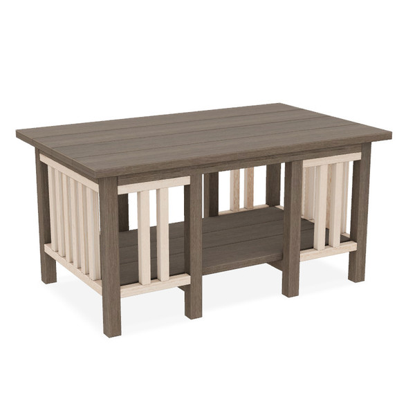 Amish made poly outdoor coffee table by Finch, in coastal gray and seashell.