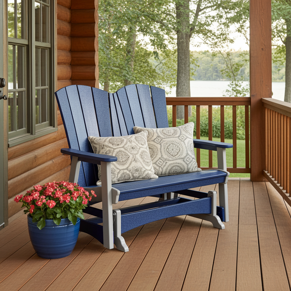 Amish made poly double glider outdoor furniture in patriot blue and light gray. Pictured on log home porch.