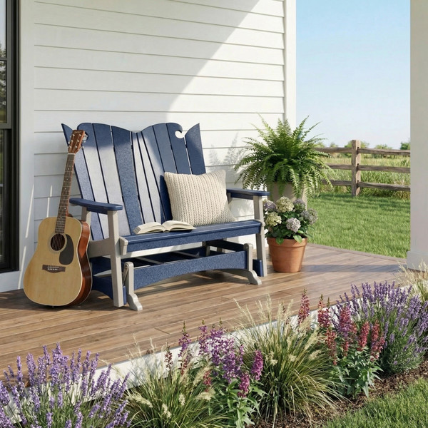 Amish crafted poly triple glider from the OceanWavz collection, pictured on a farmhouse porch.
