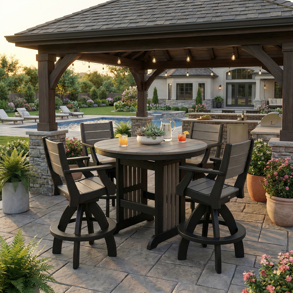 Poly bar height table and chair set on patio with pavilion at upscale home.