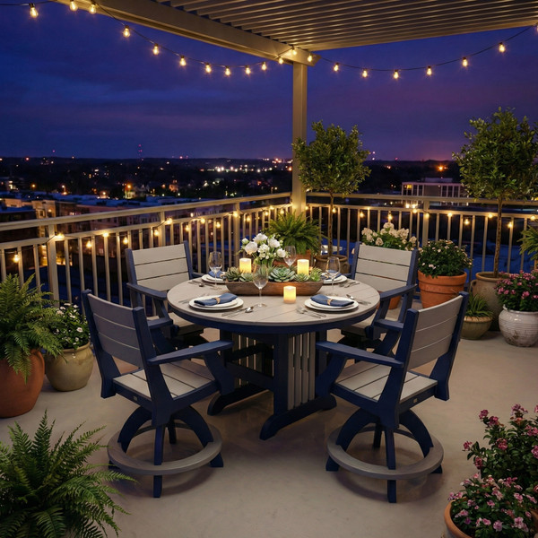Amish crafted poly counter height table in patriot blue and light gray, pictured on a rooftop balcony at dusk.