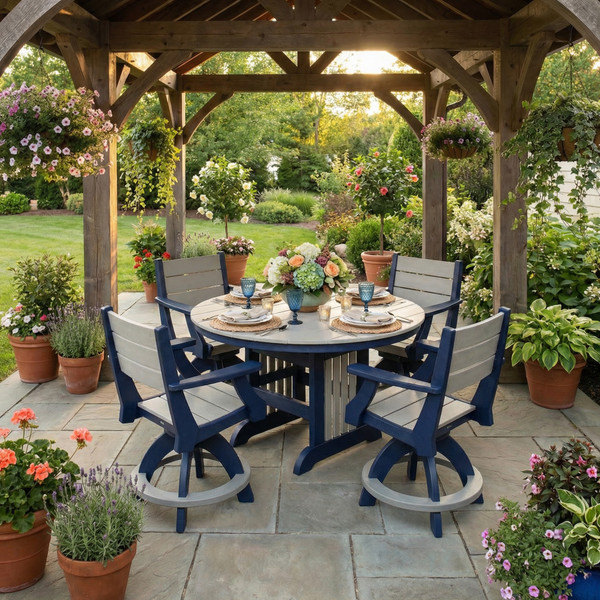 Amish built poly counter height round table in patriot blue and light gray, pictured on a backyard patio with pavilion