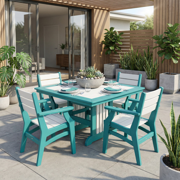 Amish built poly dining table in aruba blue and white pictured on the patio of a modern home.