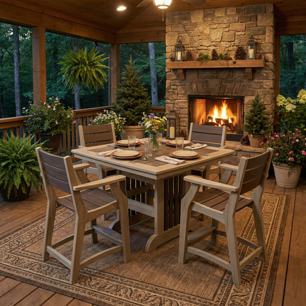 Amish built poly outdoor dining table in birchwood and brazilian walnut, pictured on the covered deck of a lodge with fireplace.