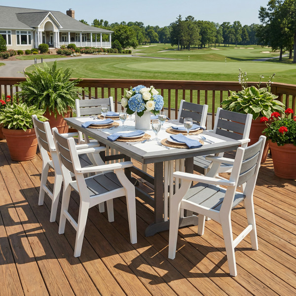 Gray and white poly outdoor dining set on deck of country club.