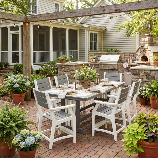 Poly dining set on patio of southern home with outdoor kitchen