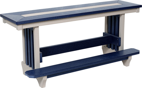 Amish built, counter height poly outdoor bench, made in the USA, pictured in light gray and patriot blue.