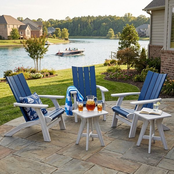 Amish crafted all-weather poly end table pictured in seashell, on a waterfront patio of a suburban home