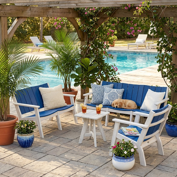 Amish crafted all-weather poly sofa in seashell and brigh blue, pictured on poolside patio.