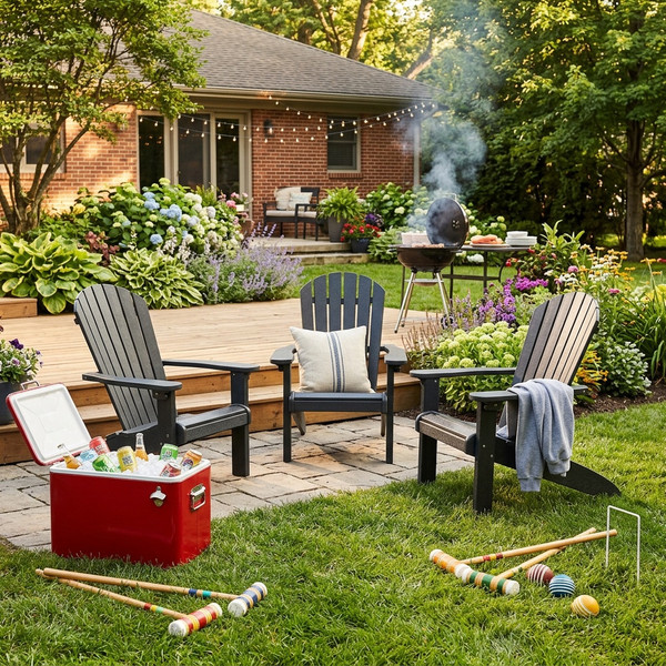 All-weather poly adirondack chair in black, Amish made in the USA, pictured in the backyard of a suburban home