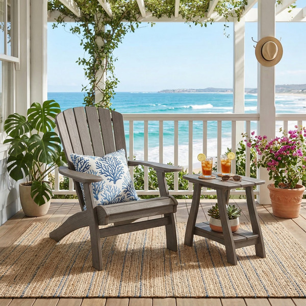 All-weather poly adirondack chair and end table on coastal home veranda. Pictured in coastal gray.