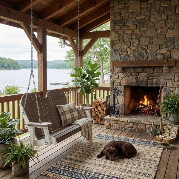 All-weather poly porch swing is Amish made in the USA, pictured on a lakeside lodge porch