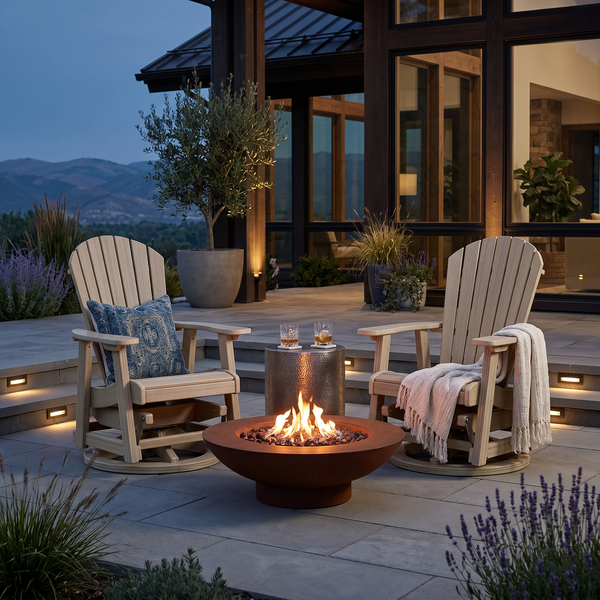All-Weather poly swivel glider chair, Amish crafted in the USA, pictured on the patio of a modern home with a fire pit.